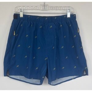 Rhone Swift Running Shorts Mens Medium Blue Gold Winged Foot Print 6 Inch Inseam